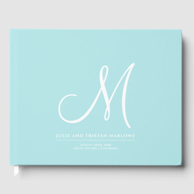 Elegant Script Initial Wedding Monogram Aqua Guest Book (Front)