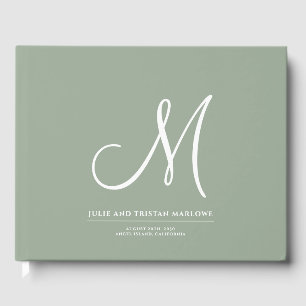 Elegant Script Initial Wedding Monogram Sage Green Guest Book