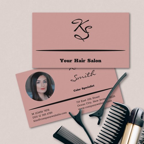 Elegant Script Initials Hair Stylist Pink Business Card