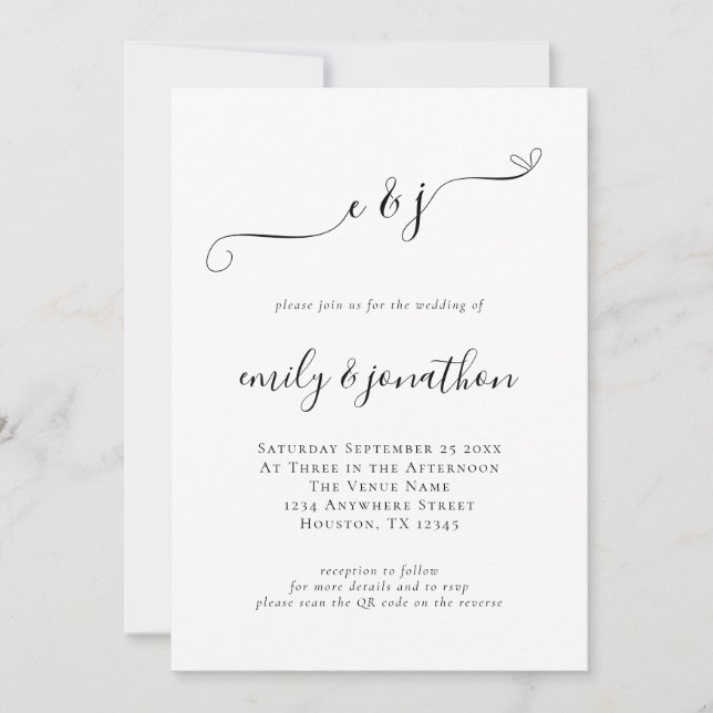 Elegant Script Initials QR Code Wedding Invitation (Front)