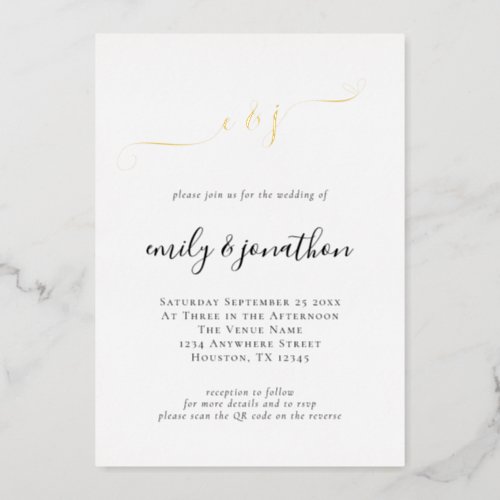 Elegant Script Initials QR Code Wedding Real Foil Invitation