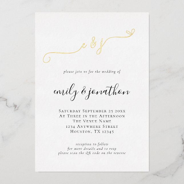 Elegant Script Initials QR Code Wedding Real Foil Invitation (Front)