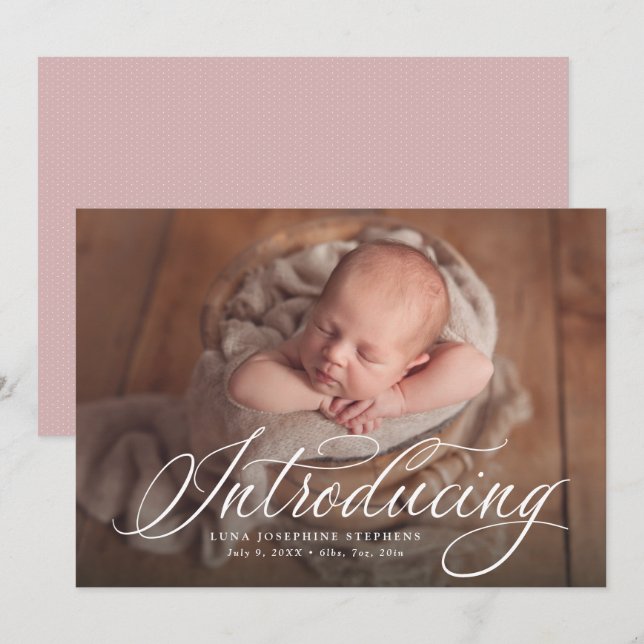 Elegant script introducing one photo pink birth announcement (Front/Back)