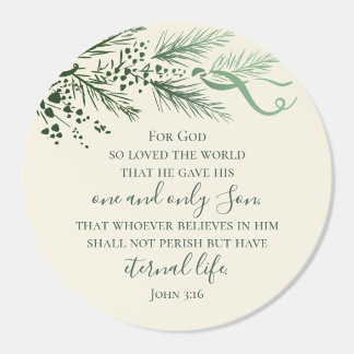 Elegant Script John 3:16 Christmas Unique Greenery Classic Round Sticker