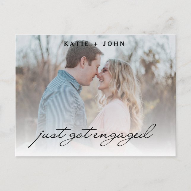 Elegant Script Just Got Engaged Photo Engagement Announcement Postcard (Front)