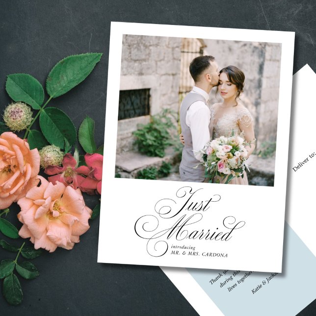 Elegant Script Just Married Elopement Photo Announ Announcement Postcard (Creator Uploaded)