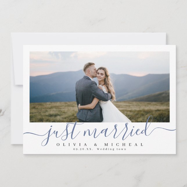 Elegant script "just married" modern photo wedding invitation (Front)