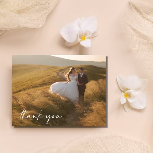 Elegant Script Khaki Green Photo Wedding Thank You Postcard