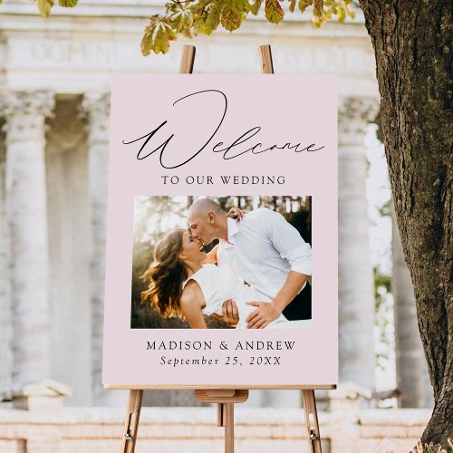 Elegant Script Lavender Photo Wedding Welcome Sign