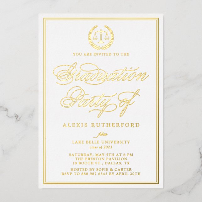 Elegant Script Law School Graduation Party Foil Invitation (Front)