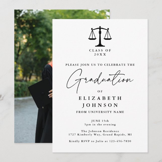 Elegant Script Law School Photo Graduation Party Invitation (Front/Back)