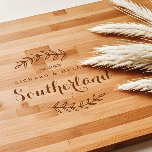 Elegant Script Leaf Crest Personalized Family Name Engraved Cutting Board