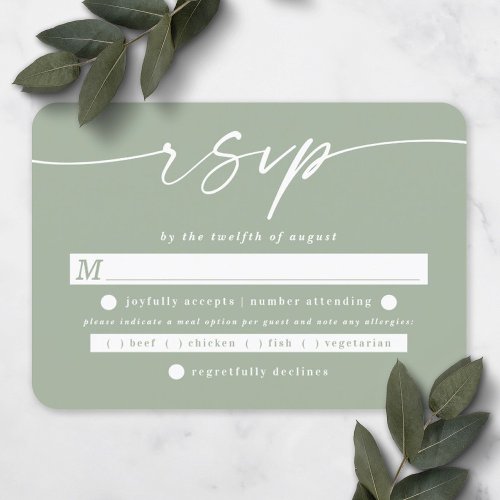 Elegant Script Leaf Green Wedding Meal Choice RSVP Card