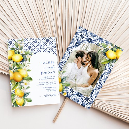 Elegant Script Lemon Mediterranean Photo Wedding Invitation