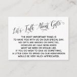 Elegant Script Let's Talk About Gifts Wedding Enclosure Card<br><div class="desc">These elegant card inserts were designed to match other items in a growing event suite that features an elaborate swirling script over a plain background you can change to any color you like. On the front side you read "Let's Talk About Gifts" in the script; on the back I've placed...</div>