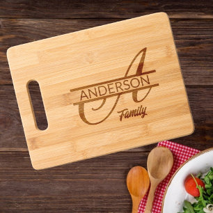 Elegant Script Letter A Monogram Family Name Engraved Cutting Board