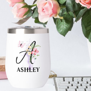 Elegant Script Letter A Monogram Personalized Name Thermal Wine Tumbler
