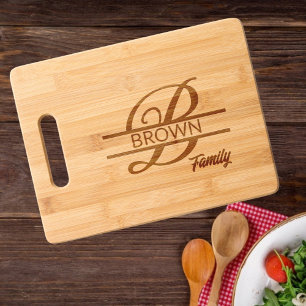 Elegant Script Letter B Monogram Family Name Engraved Cutting Board