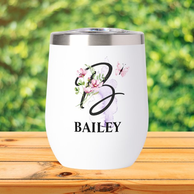 Elegant Script Letter B Monogram Personalized Name Thermal Wine Tumbler (Creator Uploaded)