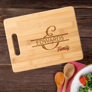 Elegant Script Letter E Monogram Family Name Engraved Cutting Board