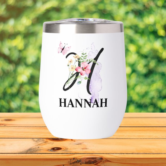Elegant Script Letter H Monogram Personalized Name Thermal Wine Tumbler (Creator Uploaded)