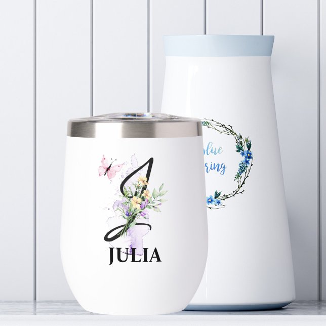Elegant Script Letter J Monogram Personalized Name Thermal Wine Tumbler (Creator Uploaded)
