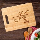 Elegant Script Letter K Monogram Family Name  Engraved Cutting Board<br><div class="desc">Classic script monogram cutting board with personalized family name and custom text. Lovely home decor, and perfect for all of your family gatherings. Makes a beautiful housewarming, anniversary, bridal shower, and wedding gift. Choose to have design etched on full area, or small area of the bamboo cutting board. This artwork...</div>