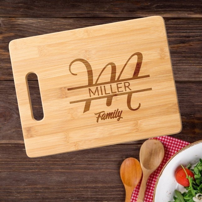 Elegant Script Letter M Monogram Family Name  Engraved Cutting Board (Creator Uploaded)