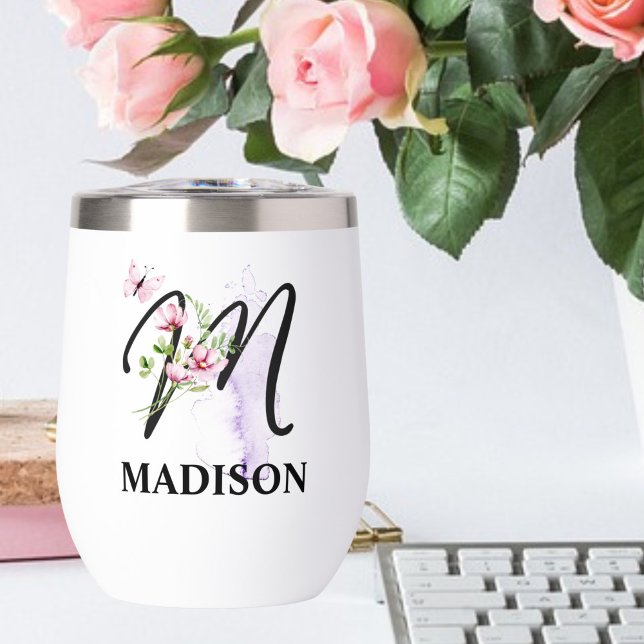 Elegant Script Letter M Monogram Personalized Name Thermal Wine Tumbler (Creator Uploaded)
