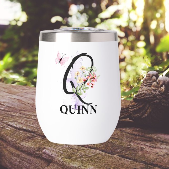 Elegant Script Letter Q Monogram Personalized Name Thermal Wine Tumbler (Creator Uploaded)