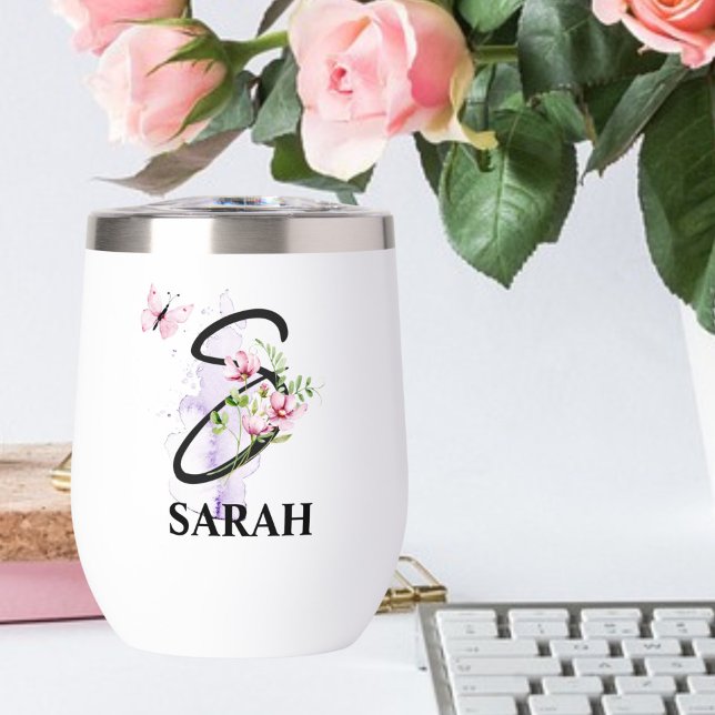 Elegant Script Letter S Monogram Personalized Name Thermal Wine Tumbler (Creator Uploaded)