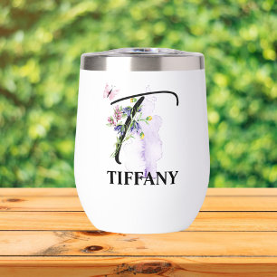 Elegant Script Letter T Monogram Personalized Name Thermal Wine Tumbler