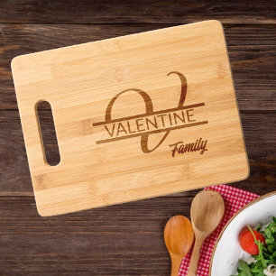 Elegant Script Letter V Monogram Family Name Engraved Cutting Board