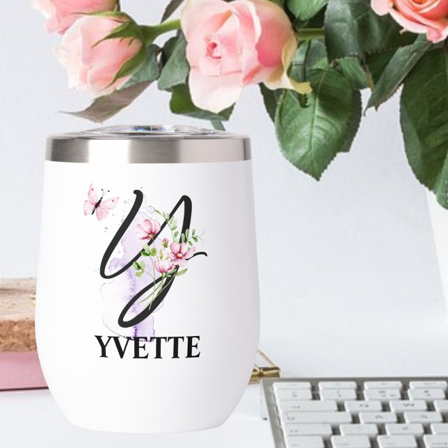 Elegant Script Letter Y Monogram Personalized Name Thermal Wine Tumbler (Creator Uploaded)