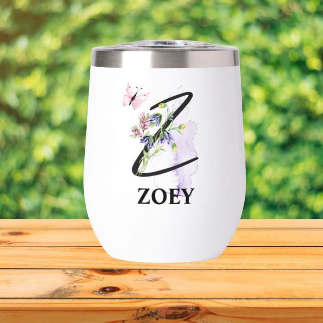 Elegant Script Letter Z Monogram Personalized Name Thermal Wine Tumbler (Creator Uploaded)