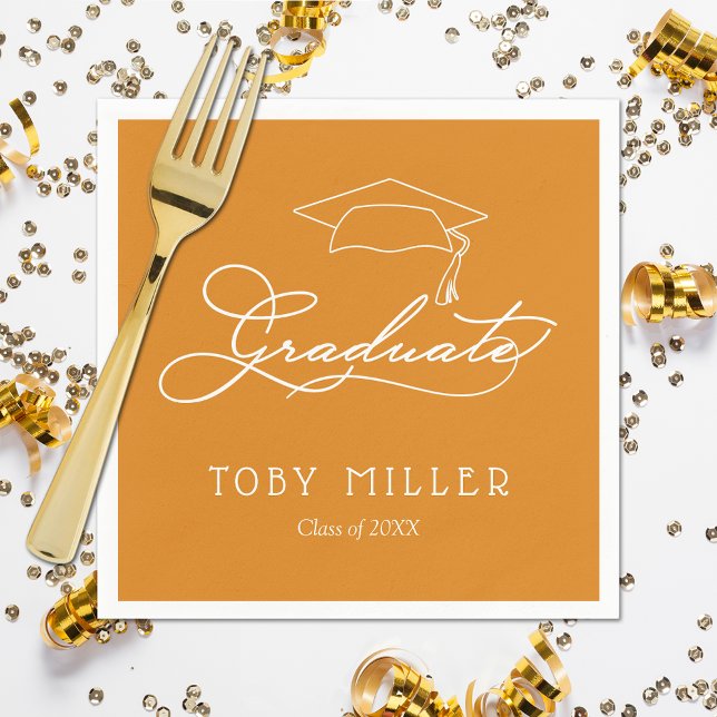 Elegant Script Light Orange Graduation Napkins (White script grad cap on light orange personalized graduation napkins, paper plates in our store)