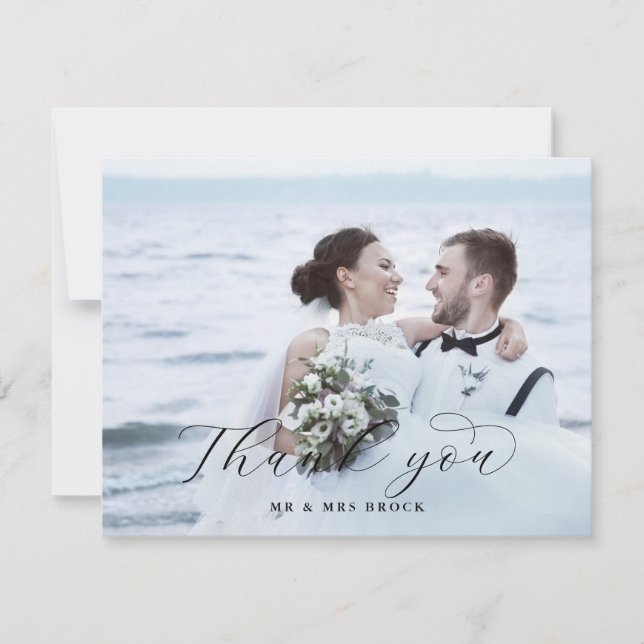 Elegant Script Light Photo Wedding Thank You Card (Front)