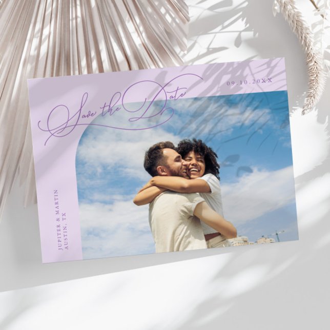 Elegant Script Lilac Curved Frame Photo Save The Date (Creator Uploaded)