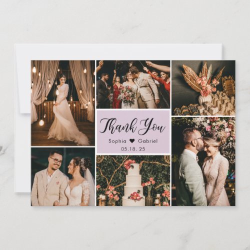 Elegant Script Lilac Wedding Multi Photo Collage Thank You Card