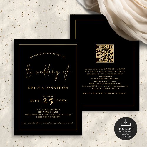 Elegant Script Line QR Code Black Gold Wedding Invitation