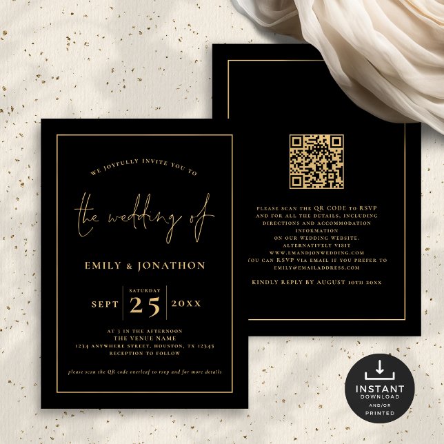 Elegant Script Line QR Code Black Gold Wedding Invitation (Front and back view)