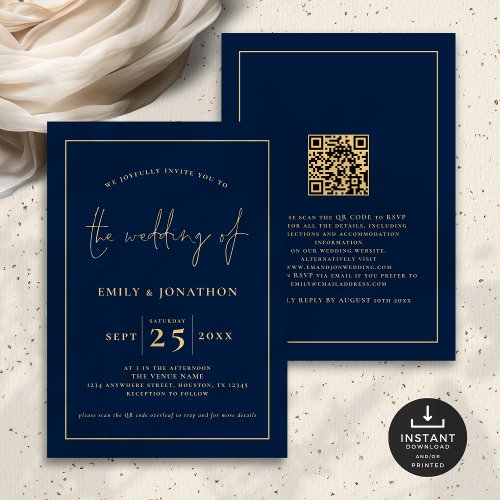 Elegant Script Line QR Code Navy Blue Gold Wedding Invitation