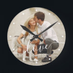 Elegant Script "Love" Custom Photo Round Clock<br><div class="desc">Add your favorite photo from your last vacation,  wedding,  or special occasion.</div>