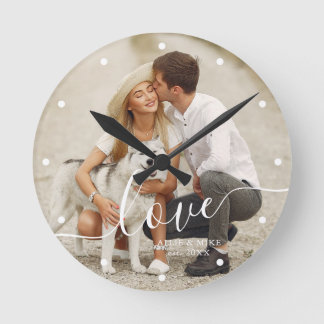 Elegant Script "Love" Custom Photo Round Clock