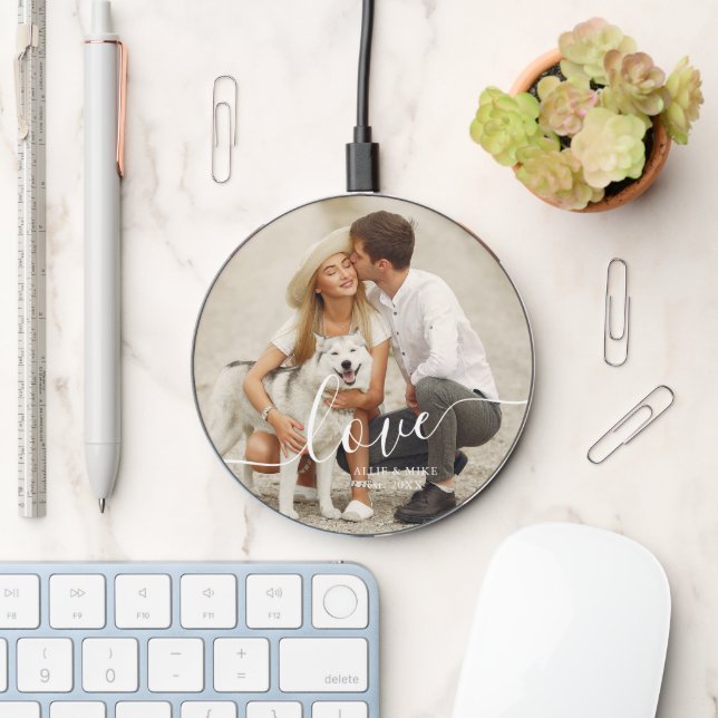 Elegant Script "Love" Custom Photo Wireless Charger (Desk)