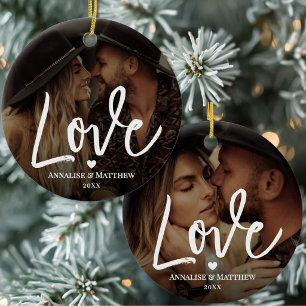 Elegant Script Love Heart Two Photo Ceramic Ornament