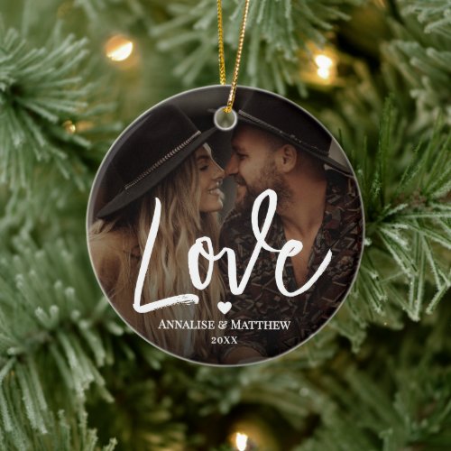 Elegant Script Love Heart Two Photo Ceramic Ornament