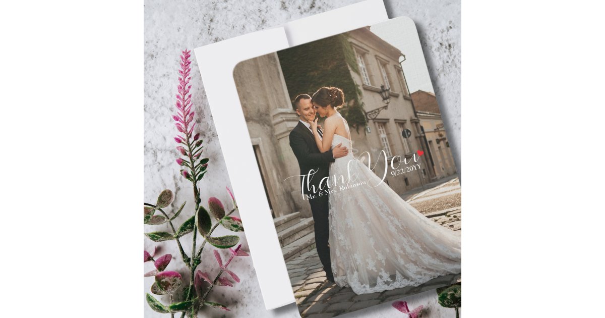 Elegant Script Love Heart Wedding Photo Thank You Card | Zazzle