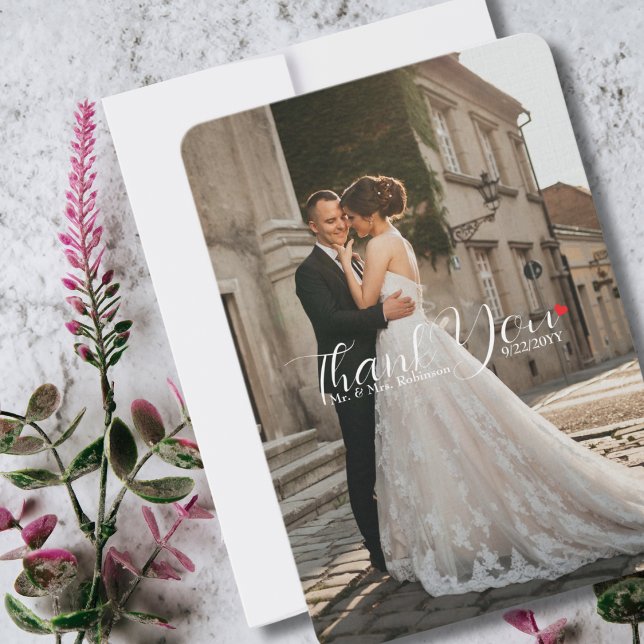 Elegant Script Love Heart Wedding Photo Thank You Card (Creator Uploaded)