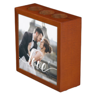 Elegant Script "Love" Overlay Photo Desk Organizer
